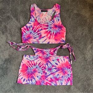 Dolls Kill Pink and Purple Tie-Dye Crop Top and Skirt Set